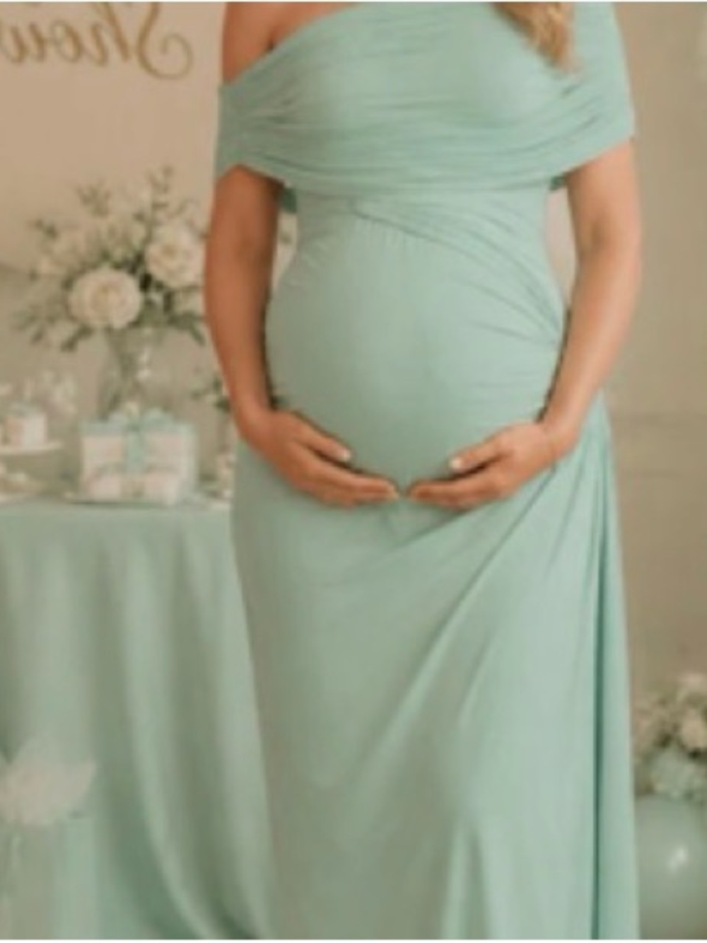 Off-Shoulder Maxi Maternity Dress in Mint
